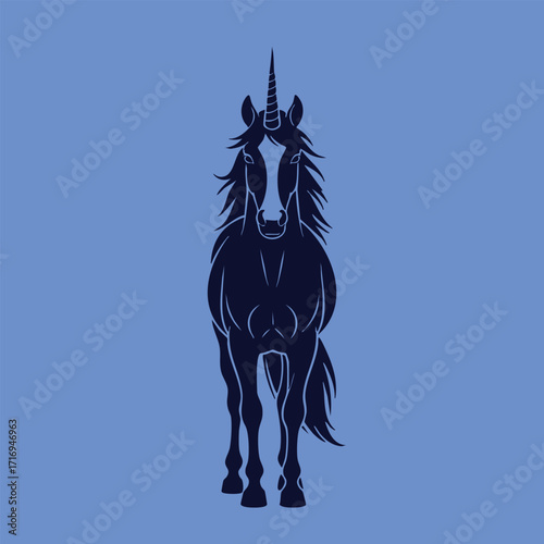 Silhouette of a majestic unicorn facing forward with flowing mane and single spiraled horn on blue background