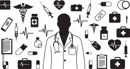 Medical doctor silhouette with healthcare symbols