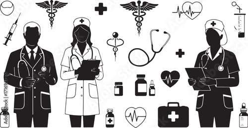 Medical professionals and symbols silhouette collection