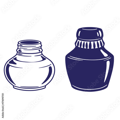 Two stylized ink bottles in contrasting colors against a clean white background