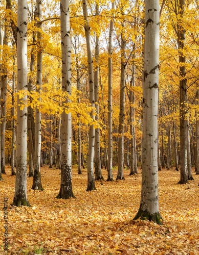 Autumnal forest scene with golden leaves
