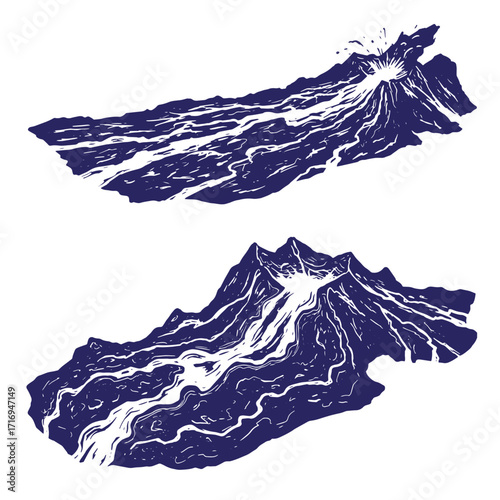 Two stylized navy blue mountain volcanoes erupting with flowing lava on white background