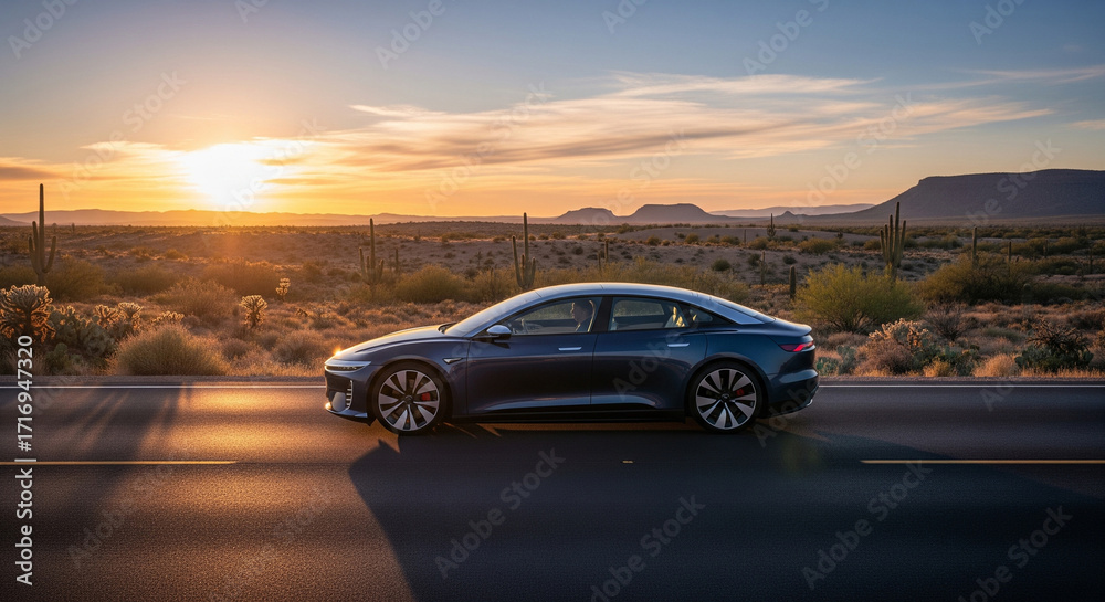 Fototapeta premium The pinnacle of luxury and sustainable travel, a silent electric car glides through a serene desert landscape at sunrise for a peaceful journey.