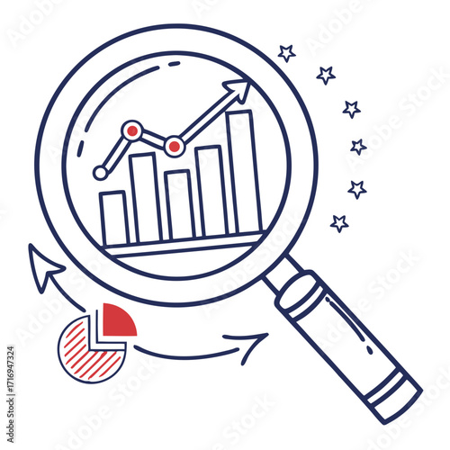 Magnifying glass reveals upward trending business growth charts and pie graph analysis for strategic success and insights