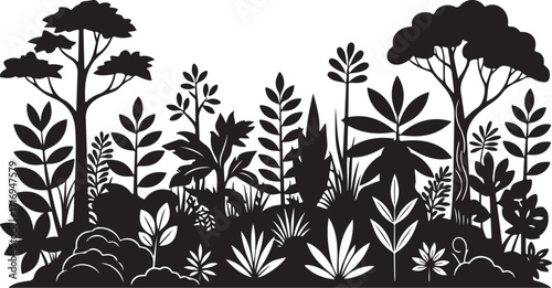 Silhouette forest tropical plants and trees