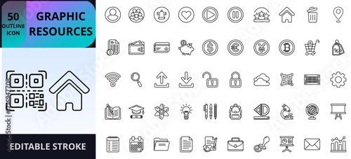 Set of 50 modern outline icons for business, finance, education, science, technology, and UI. Clean and minimalist, perfect for web, apps, presentations, and infographics. Fully scalable and editable
