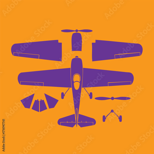 Top-down view of a disassembled small propeller airplane with separate wings and parts on an orange background