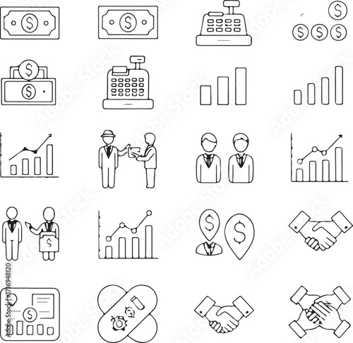 Hand drawn finance and business icons set on white background money cash