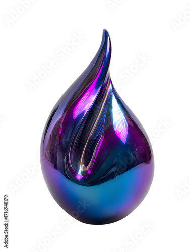 Abstract iridescent sculpture: A captivating display of modern artistry. A glossy, iridescent sculpture is presented in a studio setting, displaying sleek shapes and elegant form 