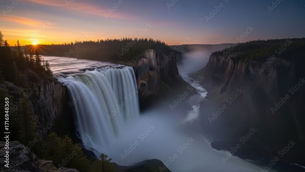 Fototapeta premium A powerful waterfall in a canyon at sunset with stars in the night sky.
