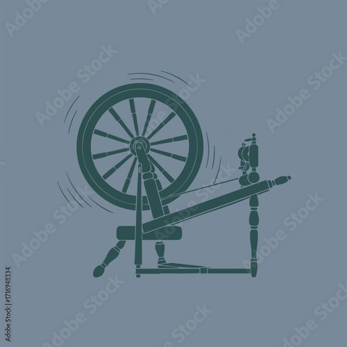 Illustration of a traditional spinning wheel used for twisting fibers into yarn or thread in a vintage style design