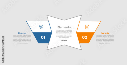 2 elements infographic comparison diagram with tilt star shape with container box behind with 2 step for slide presentation