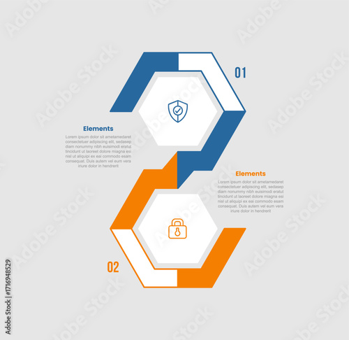 2 elements infographic comparison diagram with open cut hexagon shape vertical opposite with 2 step for slide presentation