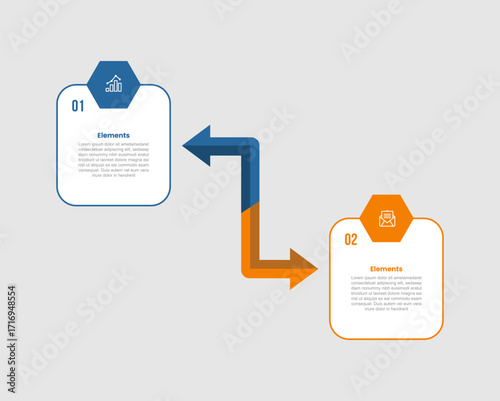 2 elements infographic comparison diagram with round box with hexagon badge with arrow pointer opposite with 2 step for slide presentation