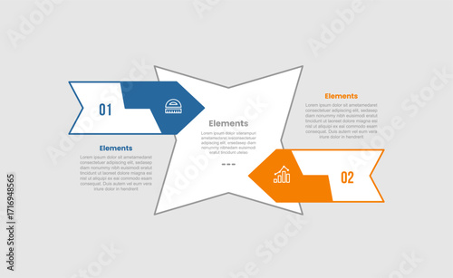 2 elements infographic comparison diagram with tilt star shape with big arrow container clash with 2 step for slide presentation