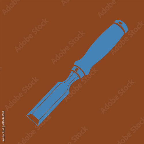 Close-up illustration of a blue woodworking chisel with a handle and sharp metal blade on brown background