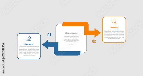 2 elements infographic comparison diagram with round box unbalance position with arrow pointer with 2 step for slide presentation