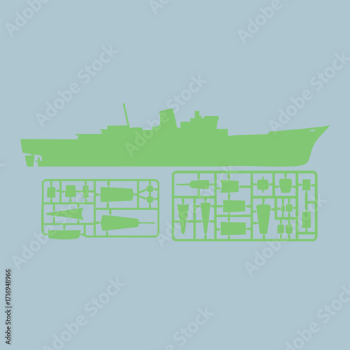 Green silhouette of a large naval ship model kit with separate sprues containing various parts on a blue background