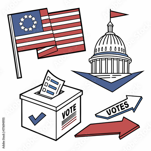 “Election arrow vector set: voting, ballots, polling direction icons, political democracy arrows for campaign posters, civic education, government elections, and political participation design themes”