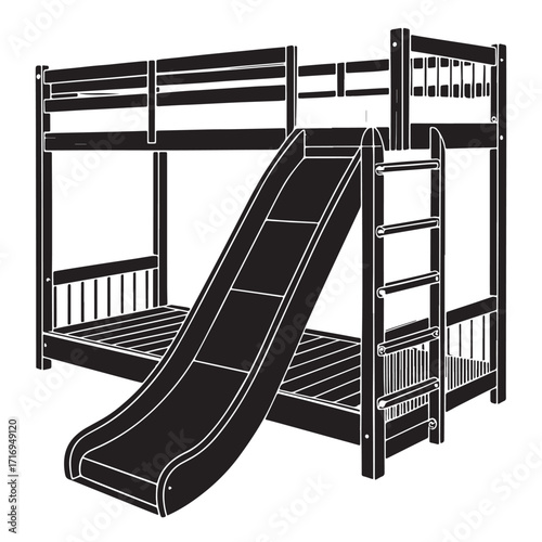 Black bunk bed with slide Silhouette Vector, High Quality Illustration on White Background