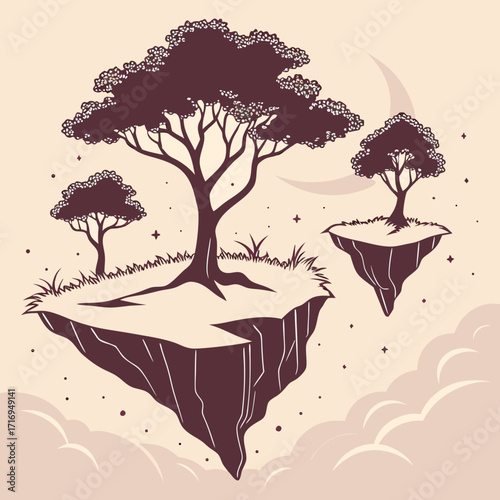 Floating Islands with Trees at Night, Fantasy Concept