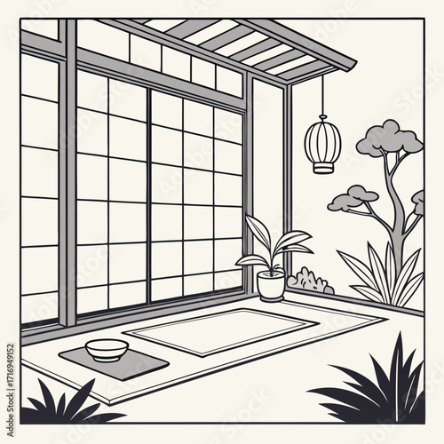 A serene black and white illustration of a traditional Japanese room with sliding doors opening onto a peaceful Zen garden