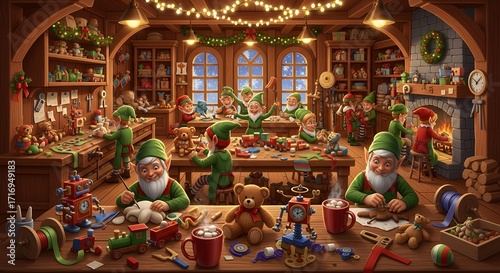 Busy Christmas Elves Making Toys in Cozy Wooden Workshop with Festive Decorations and Warm Lighting