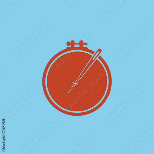 Close-up illustration of a red embroidery hoop with a needle and thread on a light blue background