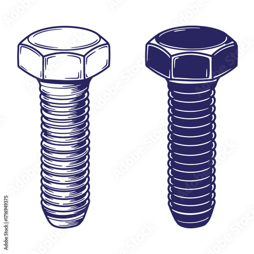 Vector illustration of two industrial bolts with detailed hexagonal head and thread design