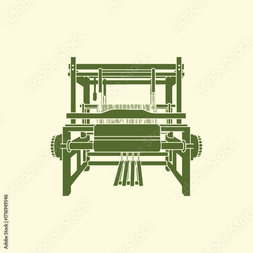 Detailed vintage weaving loom illustration with mechanical parts and threads for textile production and craft making