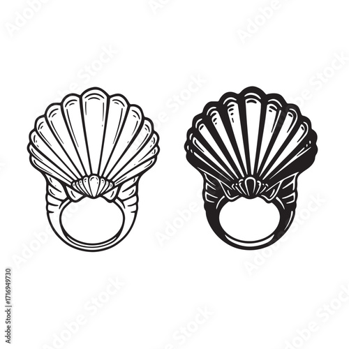 Vector illustration of two stylized seashell ring designs in contrasting black and white
