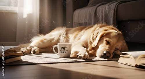 Cozy scene of a golden retriever resting with a mug labeled “Happy Sunday” and books on a wooden floor.
