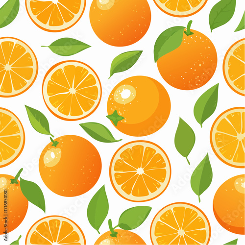Juicy orange slices and whole citrus fruit seamless pattern, vibrant and colorful, ideal for kitchen decor and eco packaging