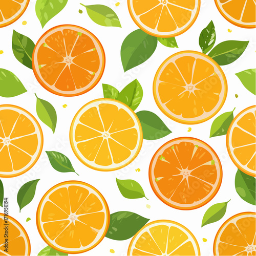 Juicy orange slices and whole citrus fruit seamless pattern, vibrant and colorful, ideal for kitchen decor and eco packaging