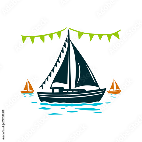 Regatta Day Sailboat Illustration with Bunting Hobart Regatta Day Sailboat with triangular sails and a hull navy blue