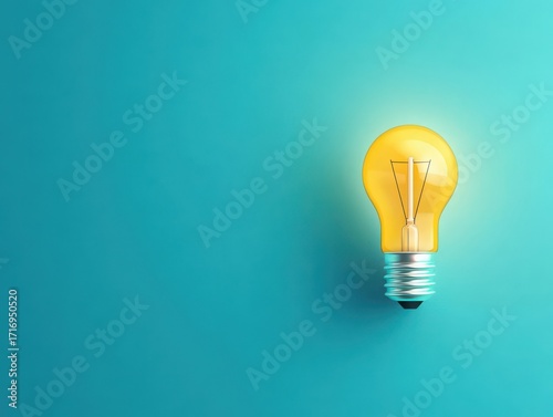 Bright incandescent light bulb with glowing filament on vibrant teal background symbolizing ideas innovation creativity and energy efficiency