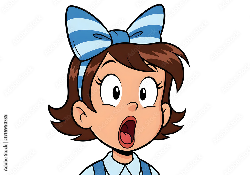 Fototapeta premium Cartoon girl with a big open mouth and a blue and white bow on her head. The girl is looking at the camera with a surprised expression