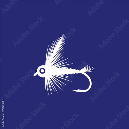 White silhouette of a detailed fishing fly lure with feather wings and a curved hook on a solid blue background