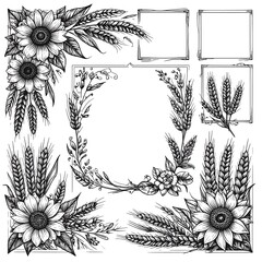 Black and white floral and wheat border designs