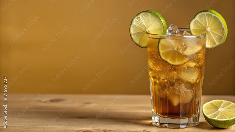 Fototapeta premium Close-up shot of a Long Island Iced Tea cocktail with a wedge of lime on the rim of a clear glass