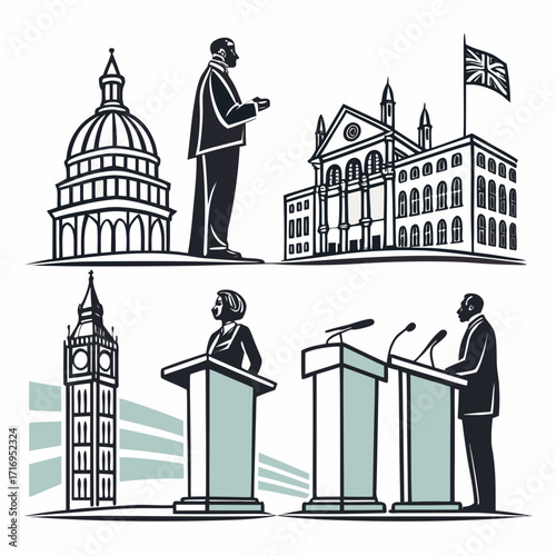 “Political debate silhouette pack: parliament speakers, podiums, leaders debating, government officials icons for democracy posters, campaign branding, political education, and civic leadership design