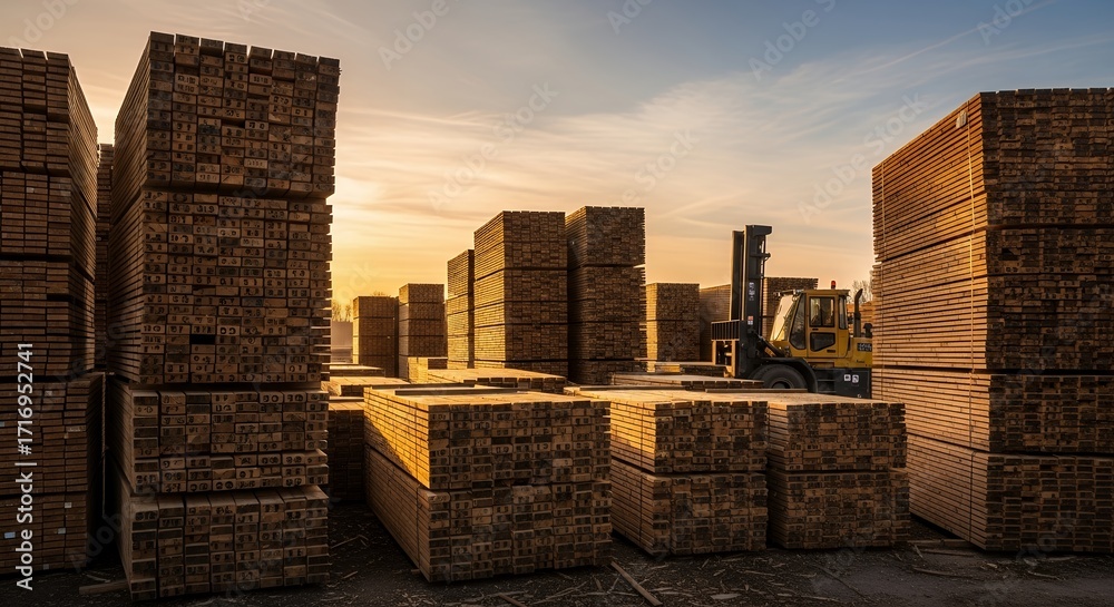 Fototapeta premium Stacked Wooden Planks in Large Outdoor Lumberyard with Forklift at Sunset