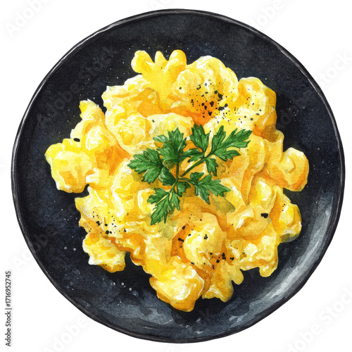 Scrambled eggs on dark plate, topped with herbs