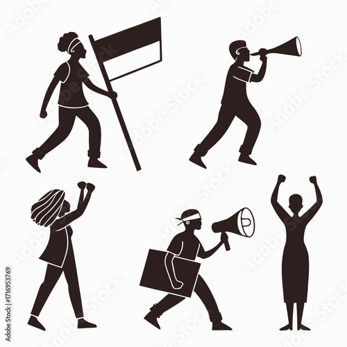 “Protest silhouette vector collection: activists with banners, fists, megaphones, civil rights icons for freedom posters, political campaigns, revolution branding, and social justice movement design”