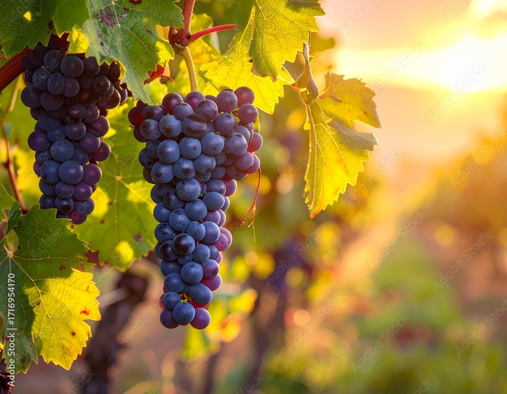 Fototapeta premium Bunch of ripe grapes hanging on vine