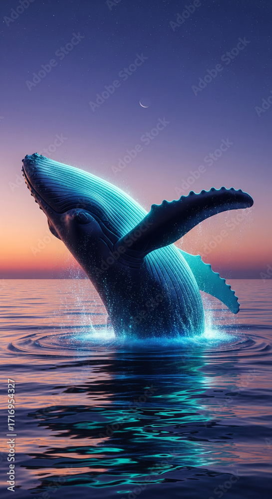 Fototapeta premium An enchanting and spiritual moment of connection with nature, a majestic glowing whale breaches in a sparkling, magical ocean at twilight.