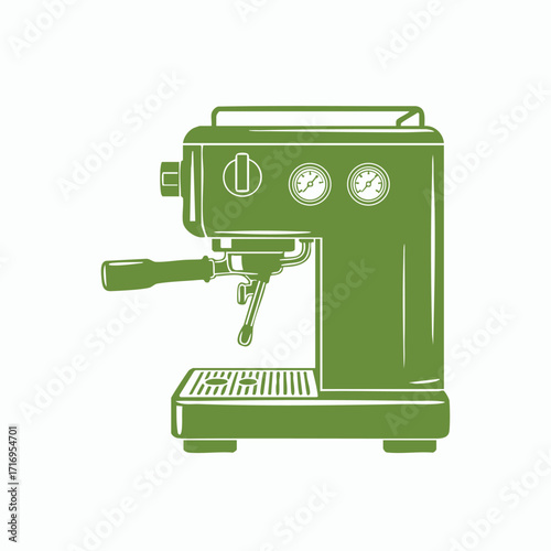 Green stylized illustration of a professional espresso machine with pressure gauges and portafilter on white background