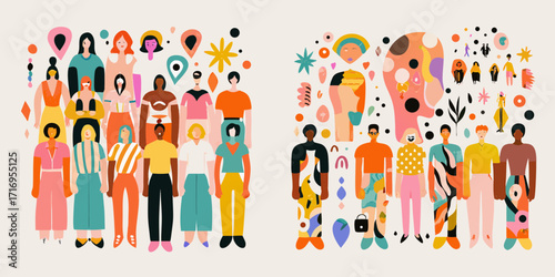 Diverse group of people with colorful abstract shapes and patterns representing individuality and community