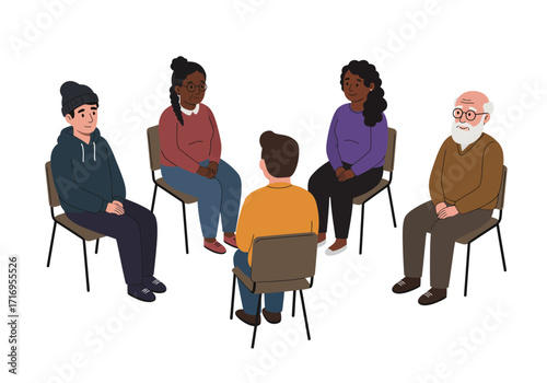 Group of diverse people sit in a circle for support session. Suitable for mental health, counseling, therapy, community, diversity concepts.