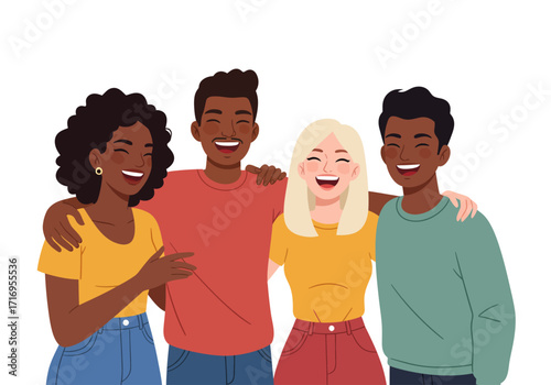 Four joyful friends of different ethnicities share a warm embrace, perfect for illustrating friendship, diversity, togetherness, and unity concept.